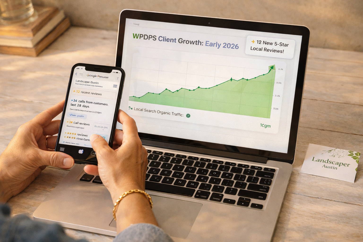 Laptop showing client growth report with rising traffic and new 5-star Google reviews on smartphone