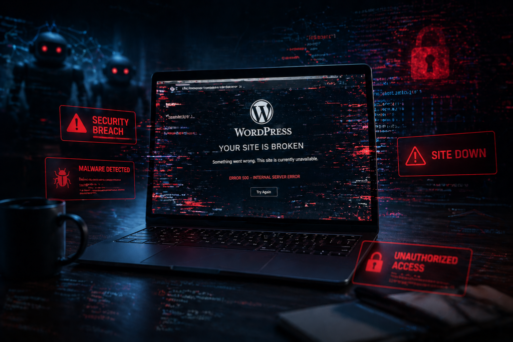 Broken WordPress website with security breach alerts, malware warnings, and site downtime on laptop screen