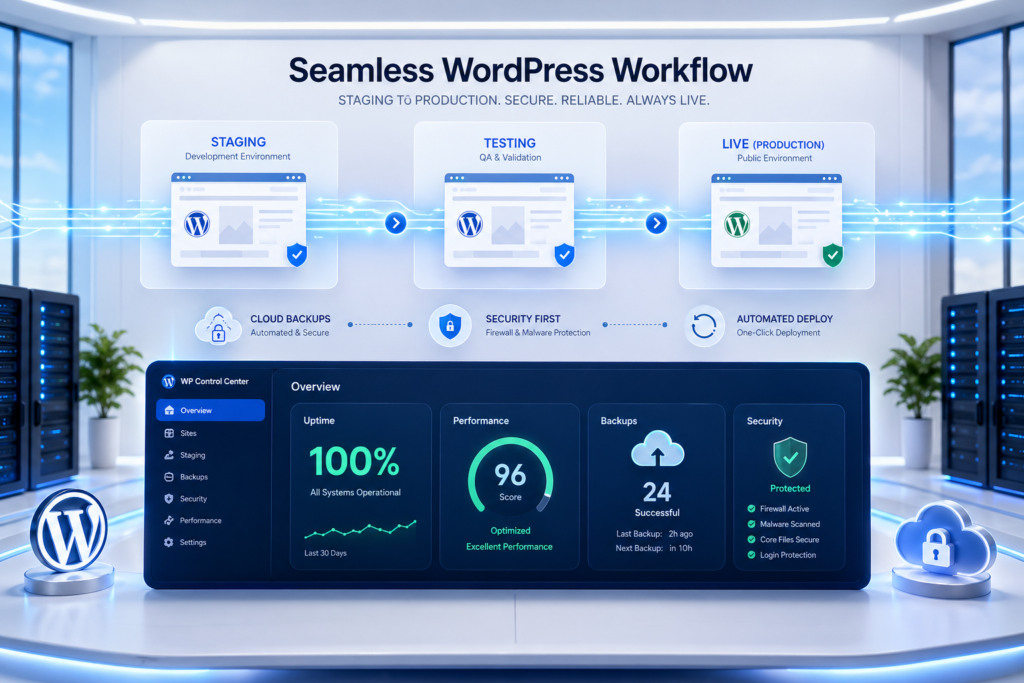 Futuristic WordPress workflow dashboard showing staging, testing, and live environments connected by glowing data flows, with cloud backups, security shields, and a control panel displaying 100% uptime in a clean blue-and-white SaaS interface.