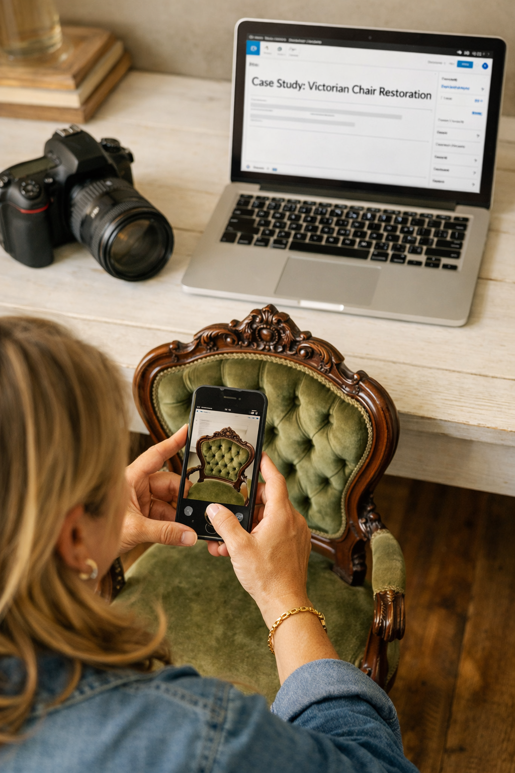 Creating a case study: business owner taking photo of restored Victorian chair for WordPress blog