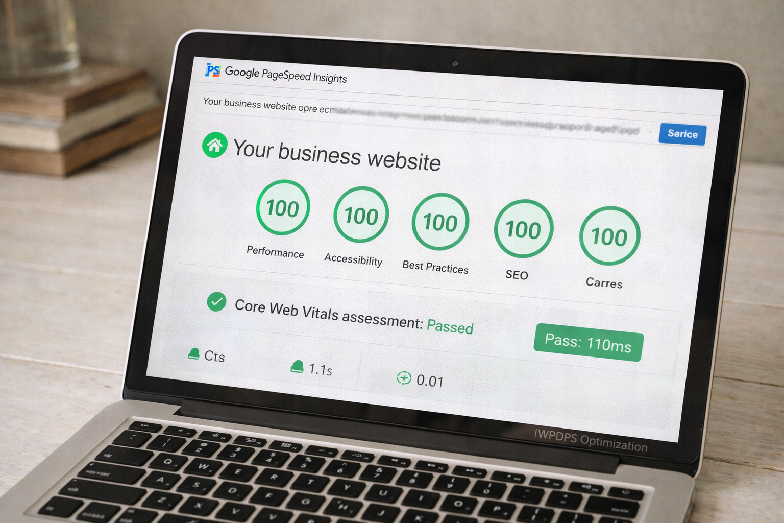 Google PageSpeed Insights report showing perfect Core Web Vitals scores on laptop screen