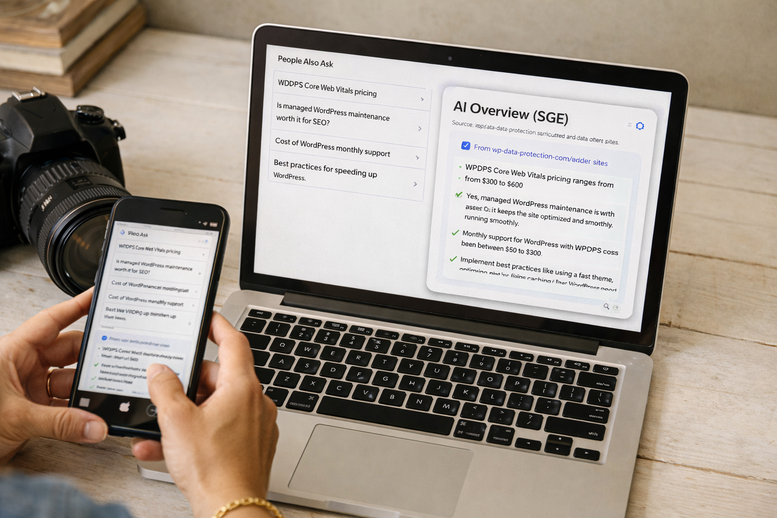 Close-up of laptop showing AI overview summarizing WordPress SEO questions with smartphone in hand